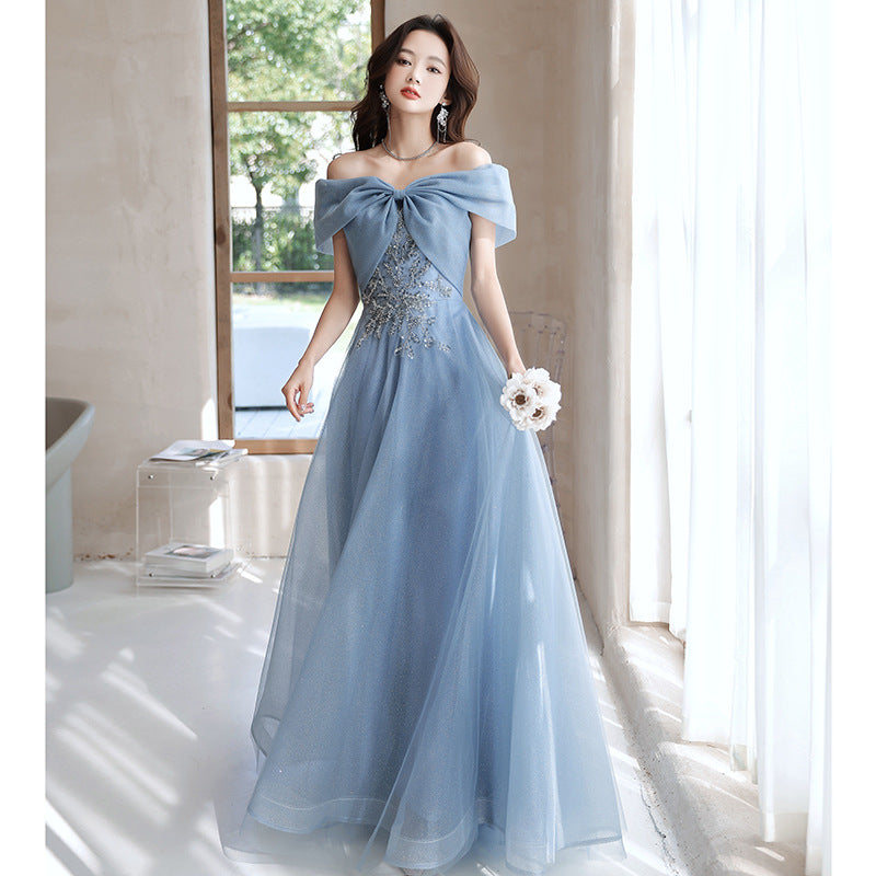 Off-shoulder Blue Evening Gown Womens Elegant French-style For Banquets