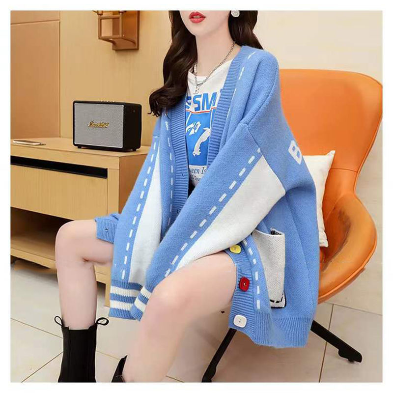 V-neck Contrast-Colored Designer Sweater Womens All-Match Outerwear