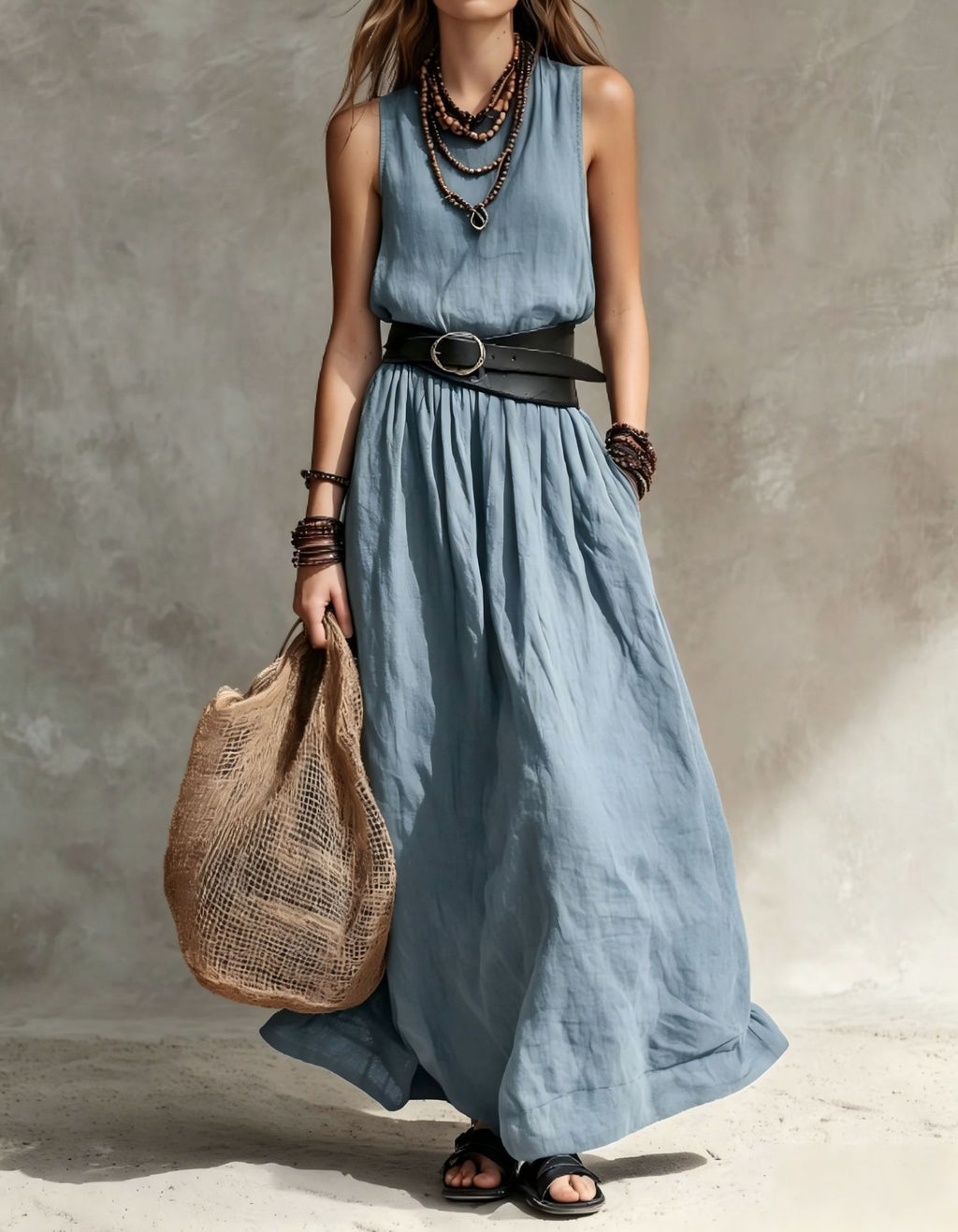 Turn-down Collar Long Sleeveless Dress