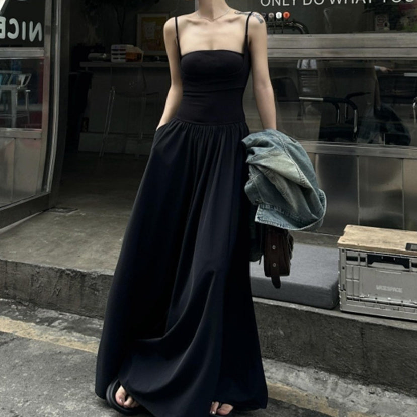 Elegant Black Slip Dress Womens Summer French Style