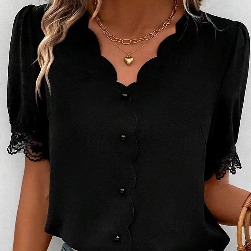 Minimalist Short-Sleeve Solid-Color Top With Notched Hem And V-Neck
