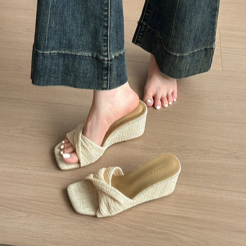 Casual Wedge Heel Vacation Slide Sandals, Open Toe One-Strap Slippers For Women's Outdoor Wear, Woven, Versatile, Square Toe, Retro Style