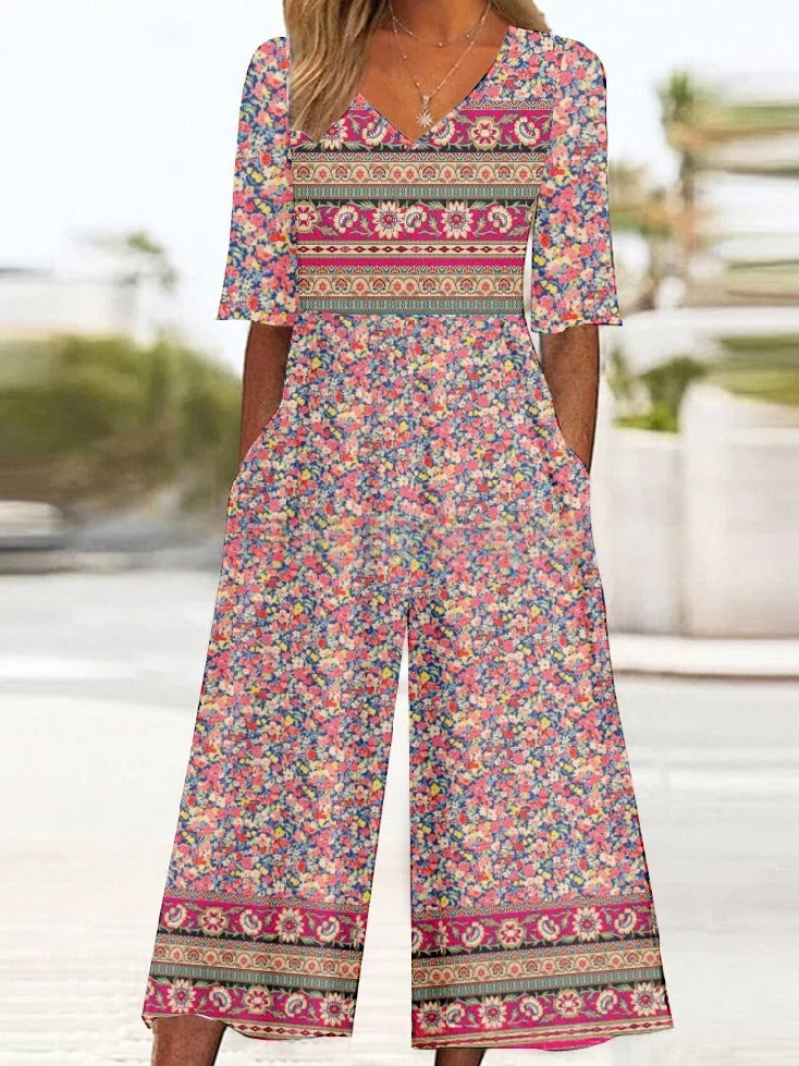 Spring And Summer Print Women's Pocket Collar Jumpsuit