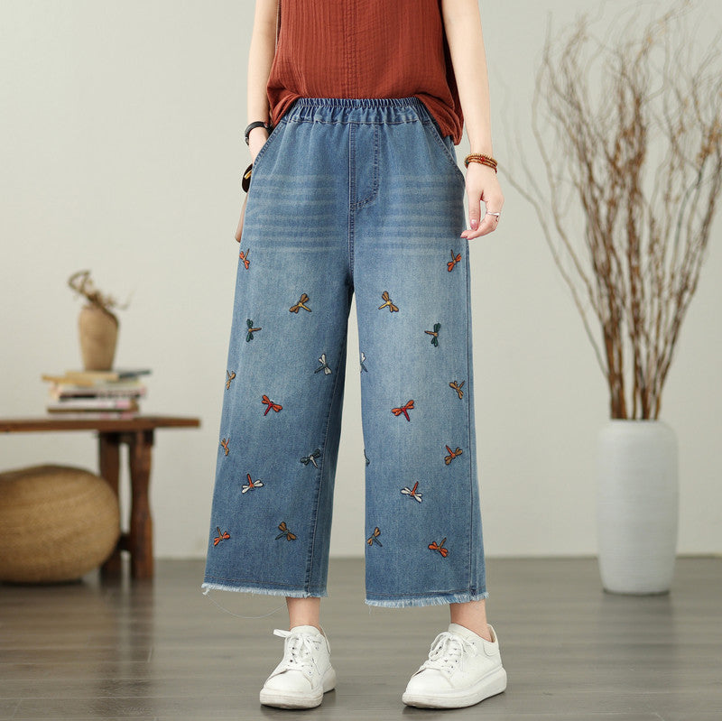 Embroidered Butterfly Loose Denim Jeans Women's