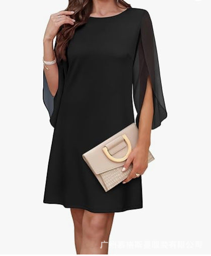 Womens Solid-Colored Crew-Neck Cloak-Sleeve Dress