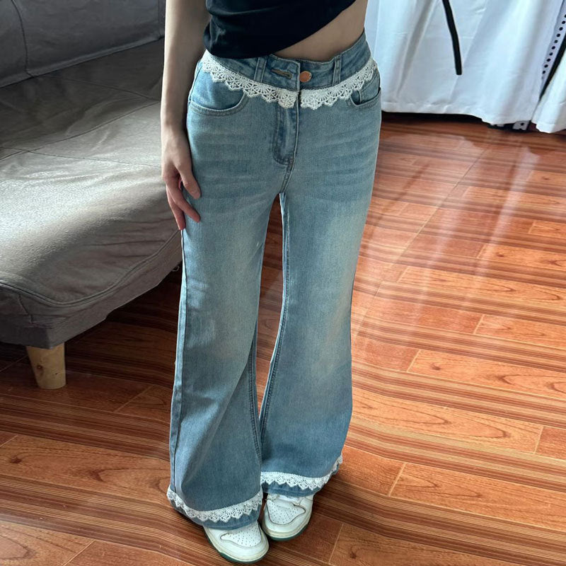 Lace-trimmed Patchwork Flared Jeans