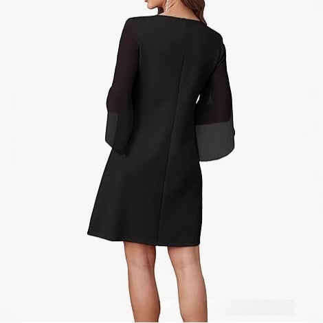 Womens Solid-Colored Crew-Neck Cloak-Sleeve Dress