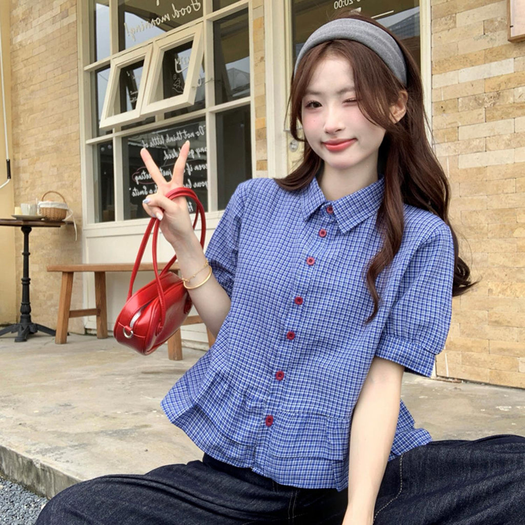 French-style Sweet Ruffle-trimmed Blue Plaid Short-sleeve Shirt