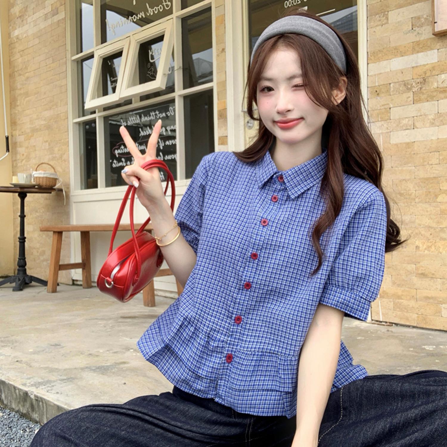 French-style Sweet Ruffle-trimmed Blue Plaid Short-sleeve Shirt