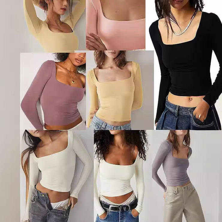 Square Neck Milk Silk Pullover Long Sleeves