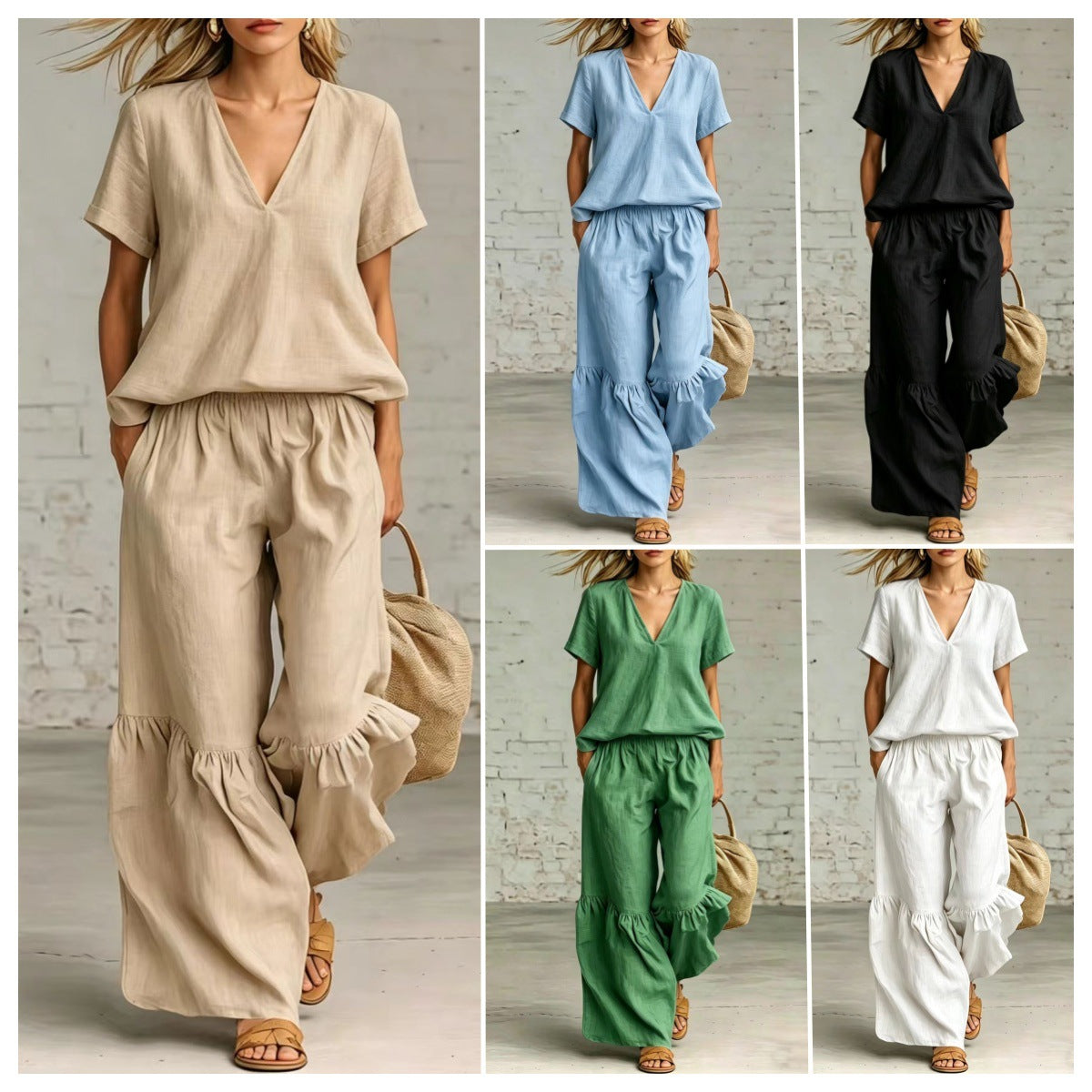 Womens Casual Solid Color V-Neck Loose Short-Sleeve Pants Set