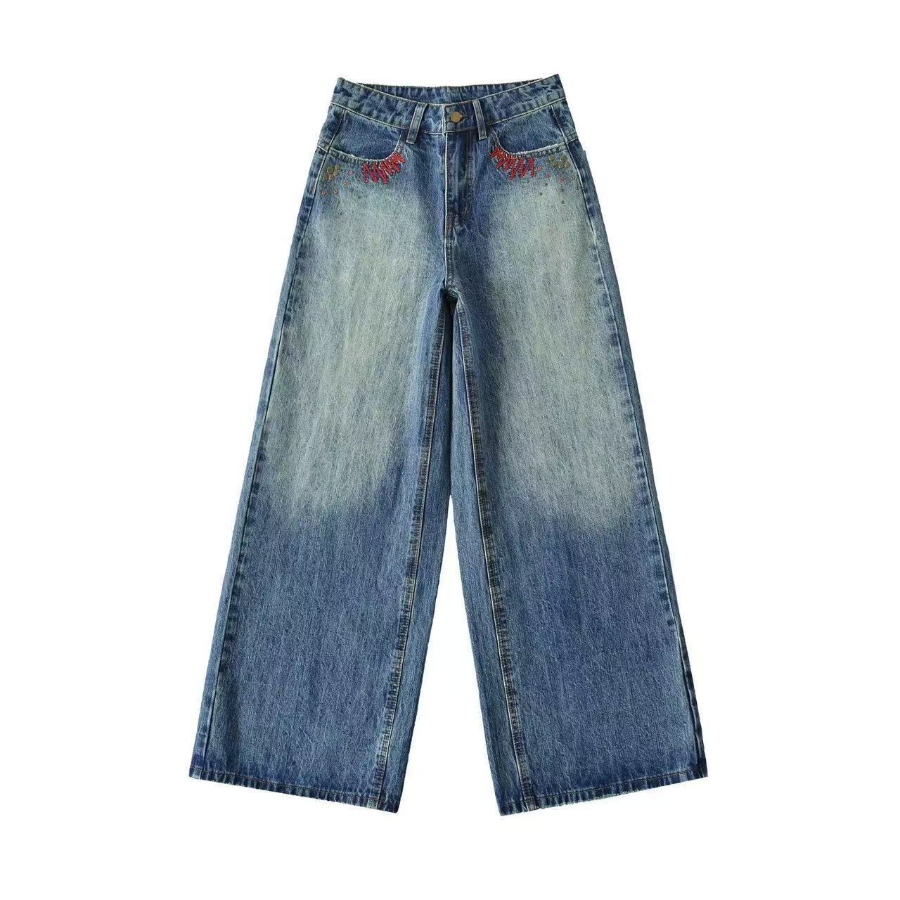 Retro Washed High-Waist Loose Fit Denim Jeans For Women