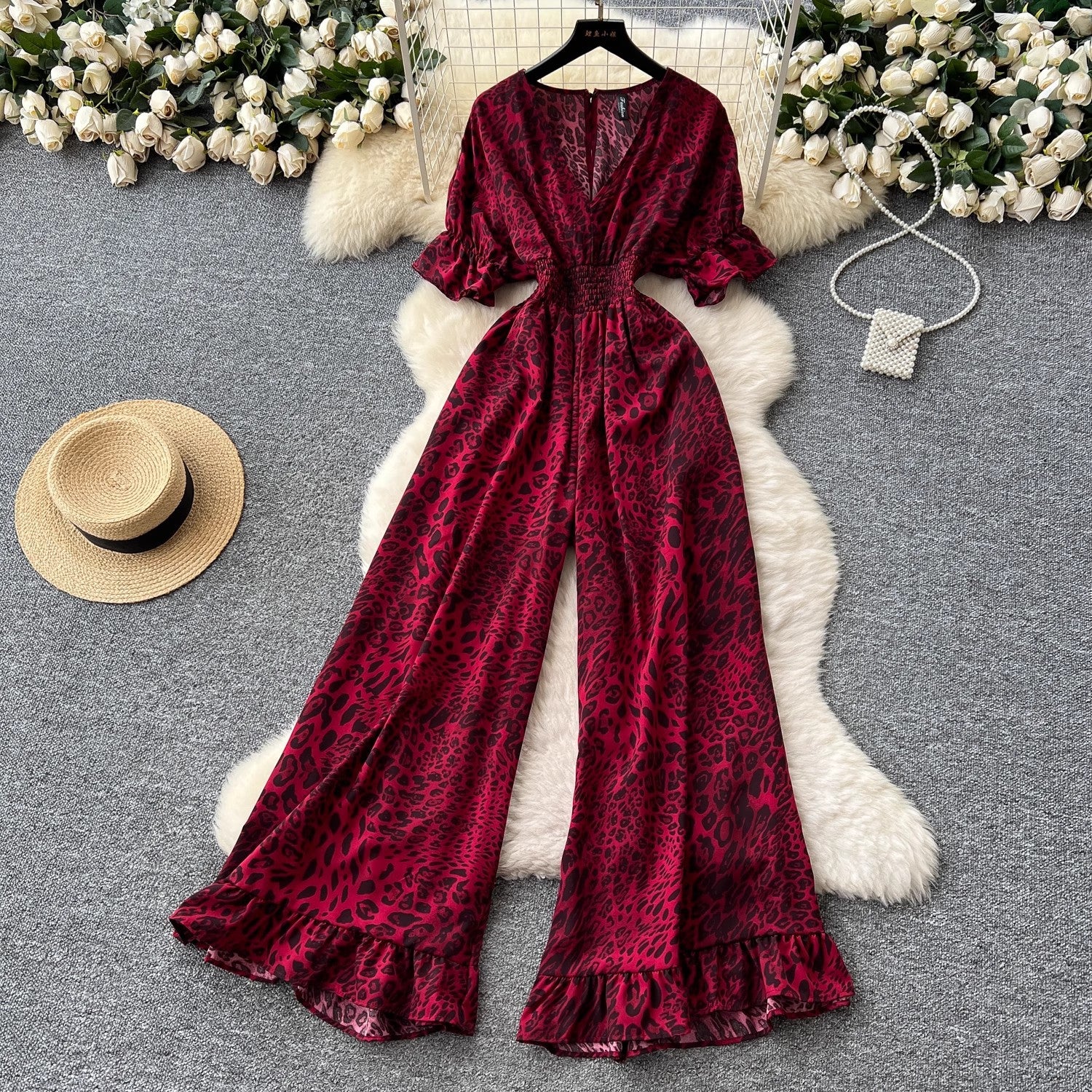 Women's Casual V-Neck Elastic Waist High-Waist Wide-Leg Printed Jumpsuit
