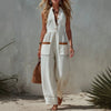 Womens Sleeveless Casual Loose Cotton-Linen Wide-Leg Jumpsuit