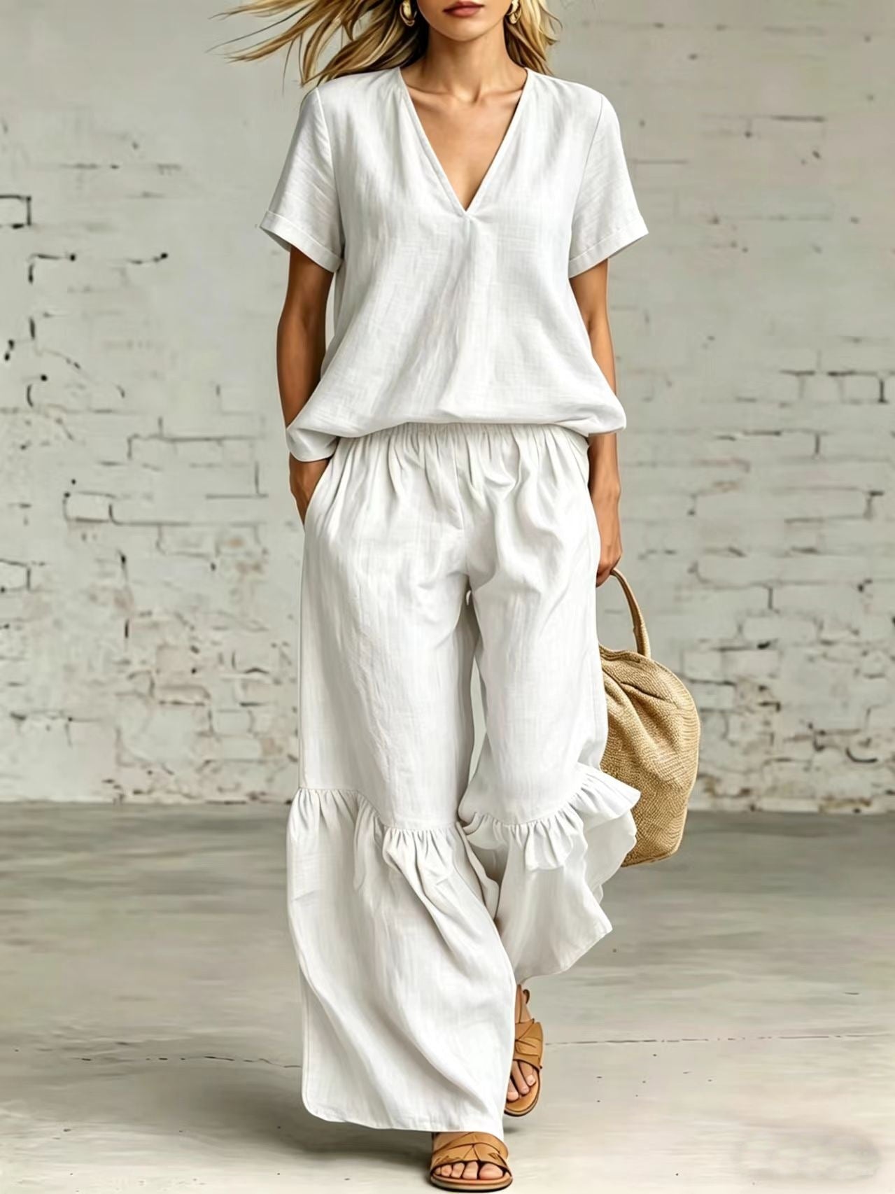 Womens Casual Solid Color V-Neck Loose Short-Sleeve Pants Set