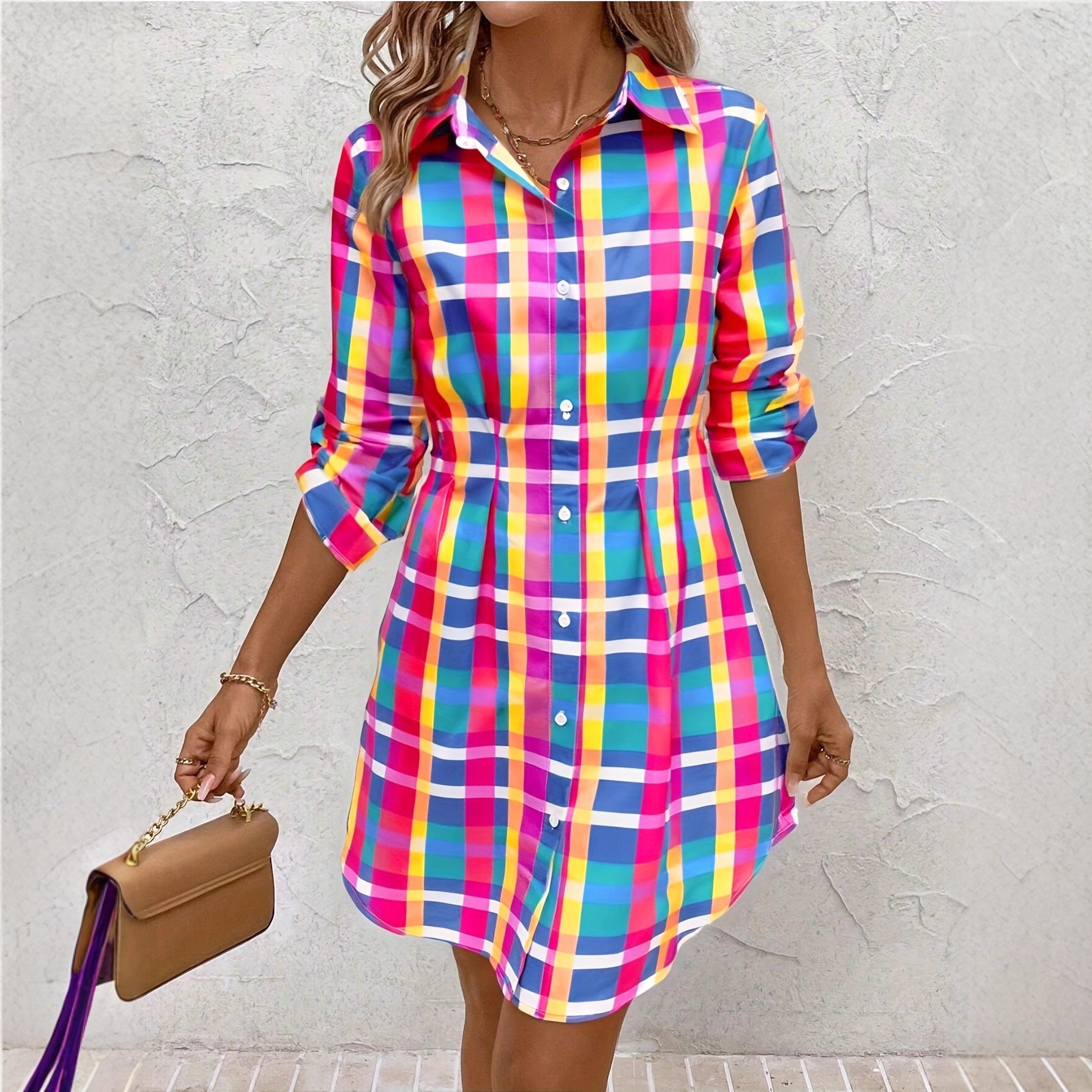 Fashionable Colorful Plaid Printed Shirt Dress