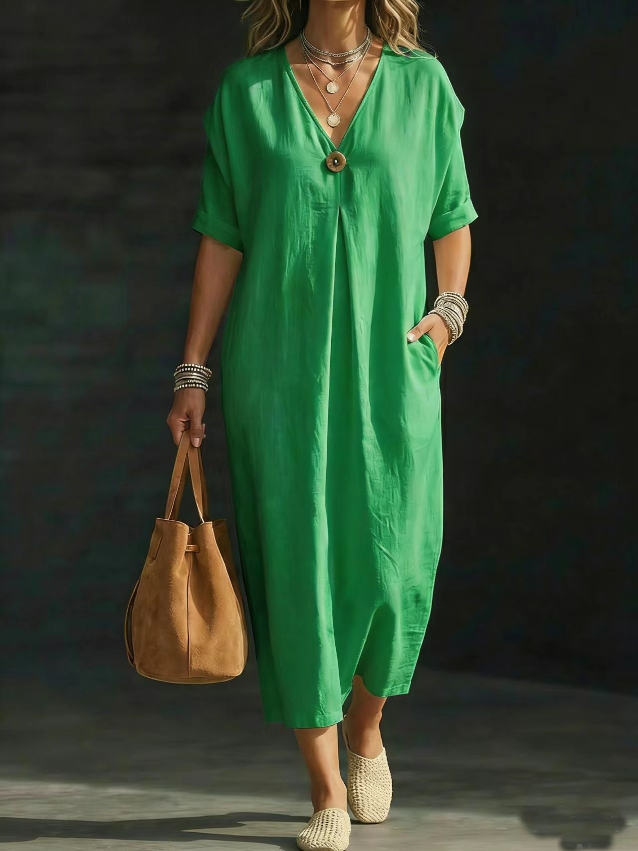 Women's V-neck Single-button Short-sleeve Dress