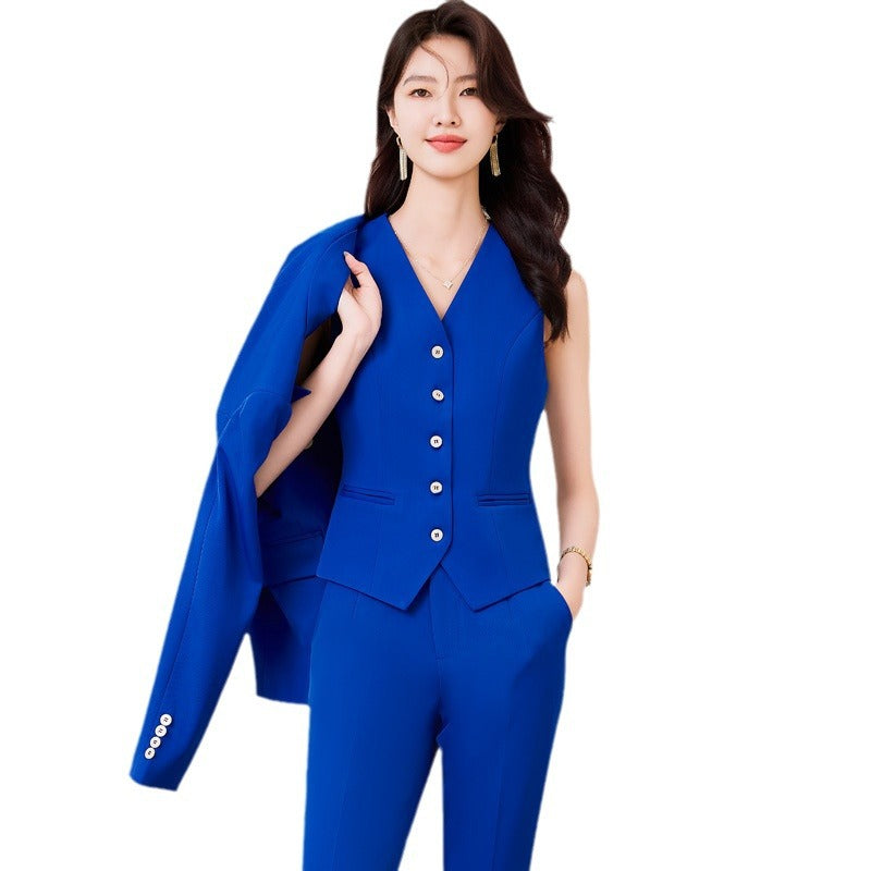 Elegant Navy Blue Double-Buckle Blazer For Women