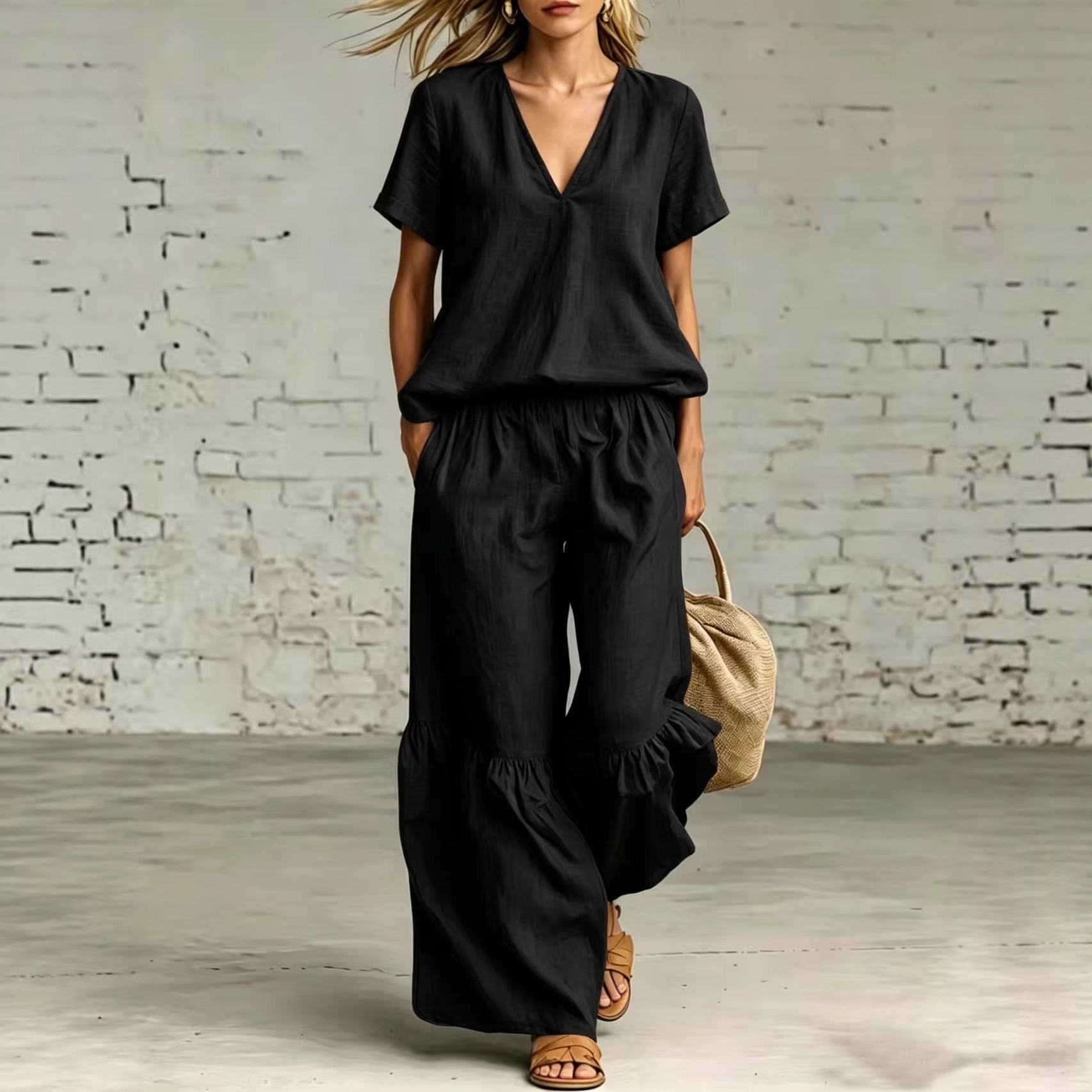 Womens Casual Solid Color V-Neck Loose Short-Sleeve Pants Set