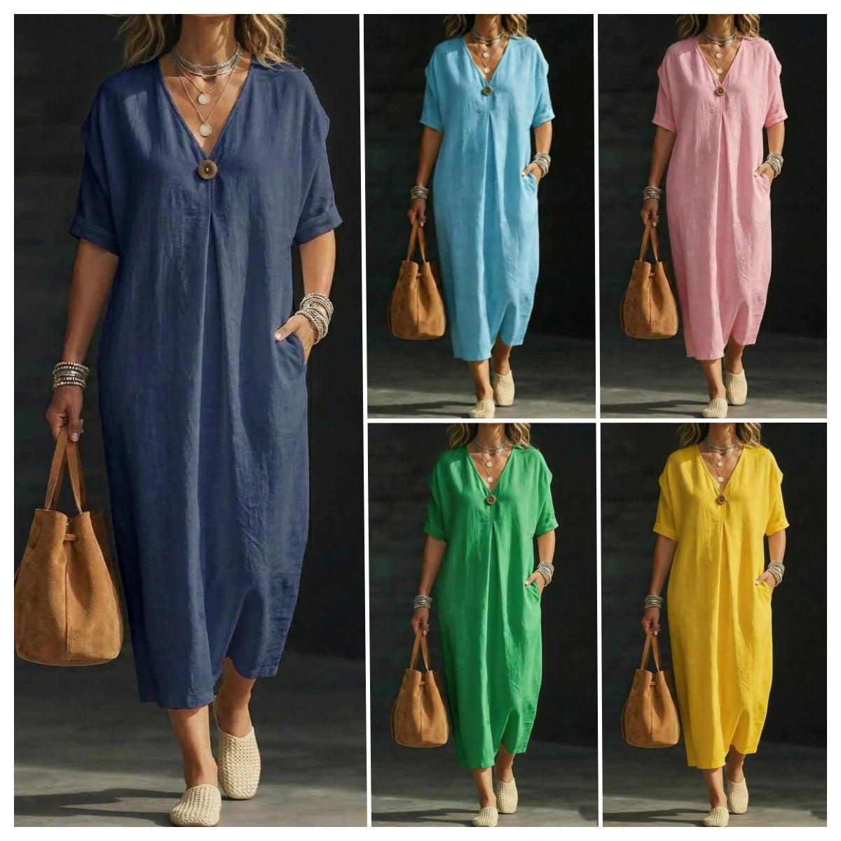 Women's V-neck Single-button Short-sleeve Dress