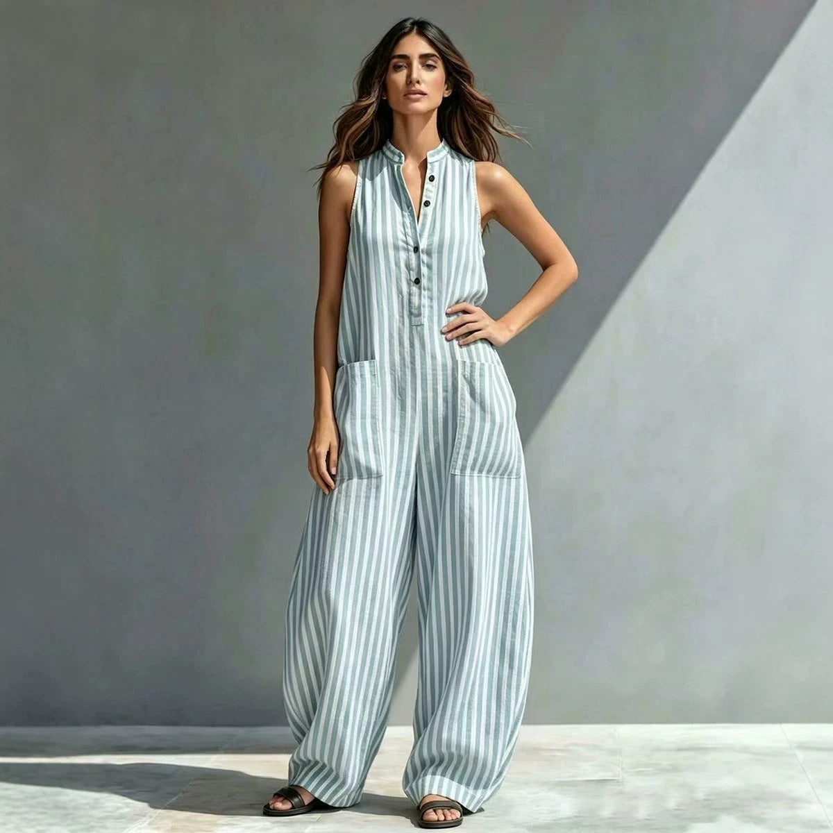 Fashionable Loose V-Neck Long Striped Jumpsuit