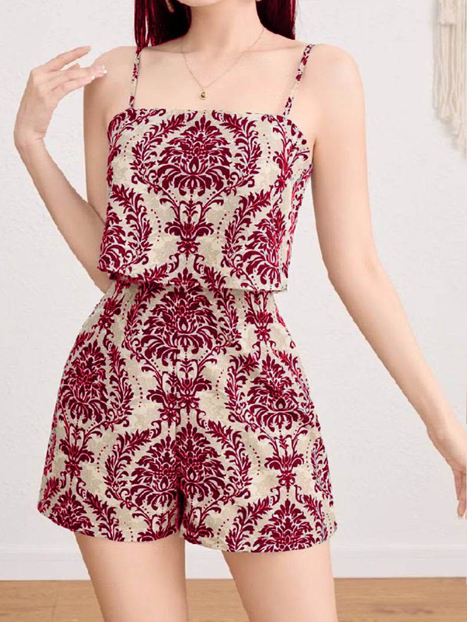 Retro Ethnic-style Printed Faux Two-piece Strap Jumpsuit