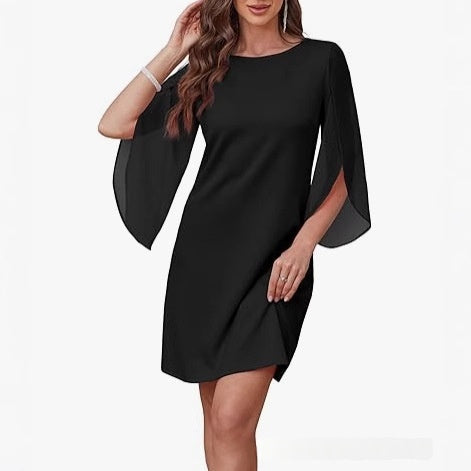Womens Solid-Colored Crew-Neck Cloak-Sleeve Dress