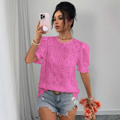 Casual Hollow-Out Lace Puff-Sleeve Shirt Top