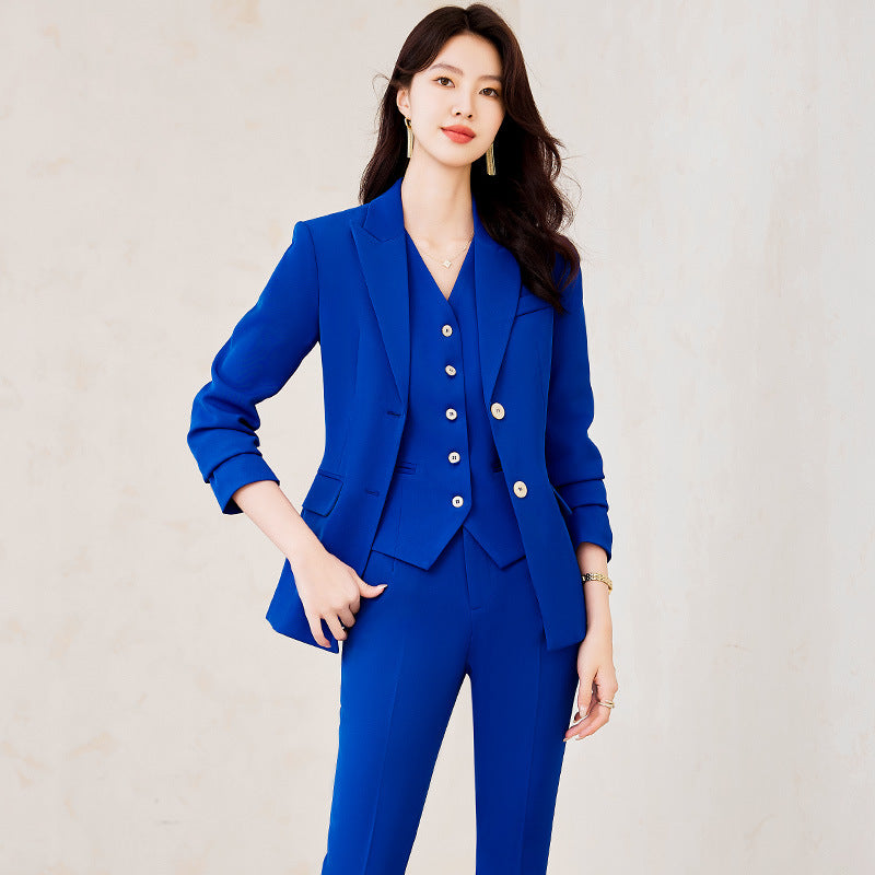 Elegant Navy Blue Double-Buckle Blazer For Women
