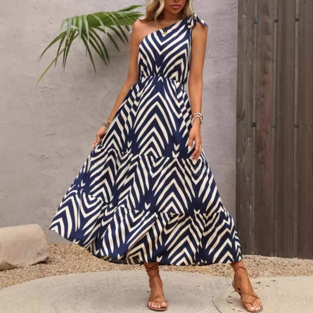 Printed Off-Shoulder Lace-Up Bohemian Dress