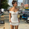 White Polka Dot Off Shoulder Mini Dress, Summer Bodycon Ruched Dress, Y2K French Style Party Dress