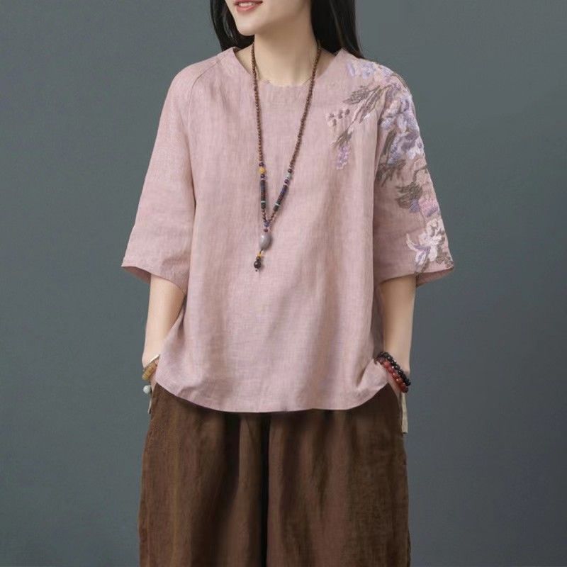 Summer Ethnic Style Embroidered Plus-Size Loose Fit Artistic Vintage Chinese Style T-Shirt