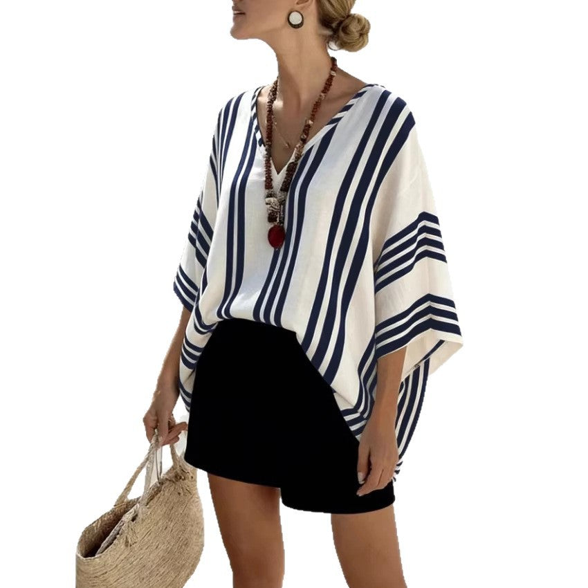Loose-fit Batwing Sleeve Striped Top T-shirt