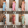 Summer Fashion Printed Strap Pleated Slit Dress Womens Wear