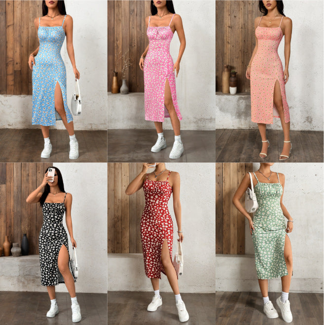 Summer Fashion Printed Strap Pleated Slit Dress Womens Wear